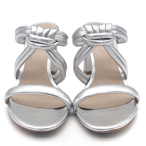 Stuart Weitzman Twist 75 Knot Block Heel Sandal Metallic Silver Leather Size 7.5 - Picture 13 of 16